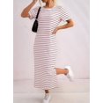 thumbnail image 4 of Women'S Crew Neck Short Sleeve All-over Striped Side Split Loose Midi Casual Dress Red & White. XL, 4 of 6