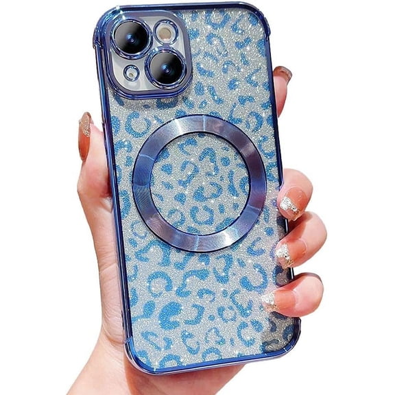for iPhone Case,[Compatible with MagSafe] Luxury Bling Glitter Sparkly Leopard Print ElectroPlated Soft Shockproof Phone Case (Blue,iPhone 12 Pro Max)