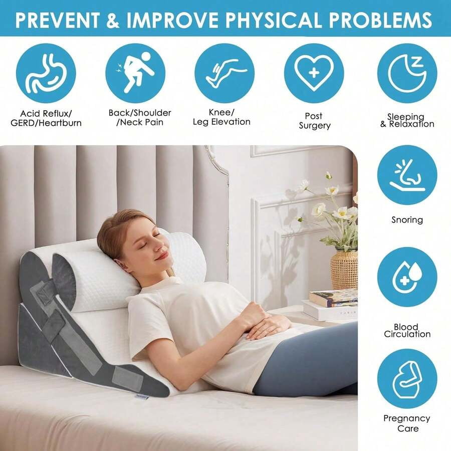 3PCS Bed Wedge Pillow for Headboard, Adjustable Wedge Pillow for Sleep Apnea, 23” Wide Triangle Pillow Wedge Set for After Surgery, Acid Reflux Relief, Snoring, Neck&Back Support, White/Grey