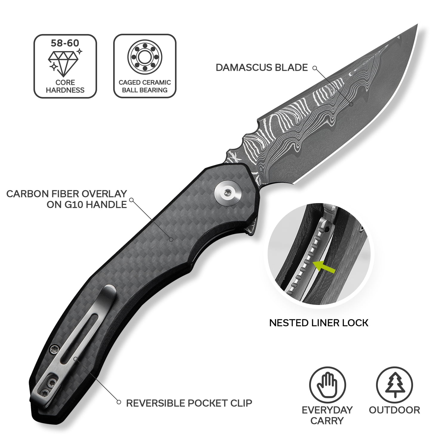 CIVIVI Knives Bluetick Liner Lock Twill Carbon Fiber & Damascus Steel Pocket Knife C23050-DS2