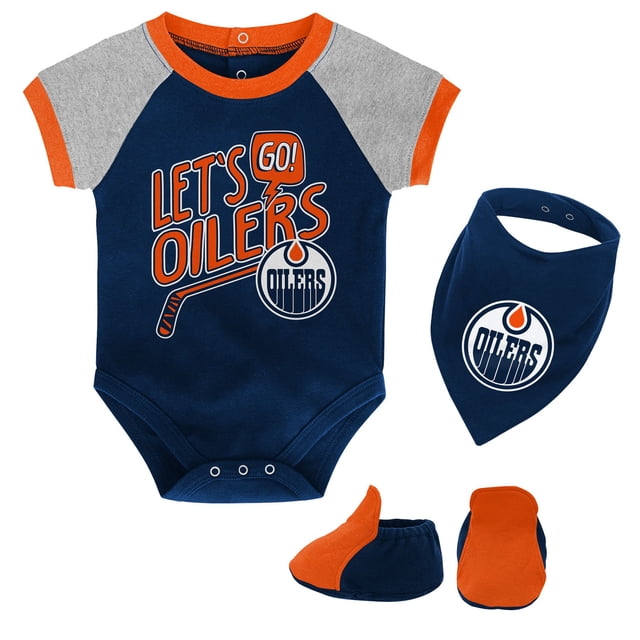 Outerstuff Ensemble pour Nouveau-Né Edmonton Oilers « Let's Go » Grenouillère d'Équipe, Bavoir et Chaussons