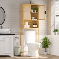 VEIKOUS Bamboo Over-Toilet Cabinet w/ Inverted U-Shaped Door - Space Saving Bathroom Organizer with Shelves & Cupboard, Natural