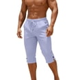 thumbnail image 5 of Hurxie Men's Linen Capri Pants Casual Lightweight 3/4 Baggy Pants Drawstring Elastic Waist Beach Yoga Pants with Pockets Light Blue,S, 5 of 7