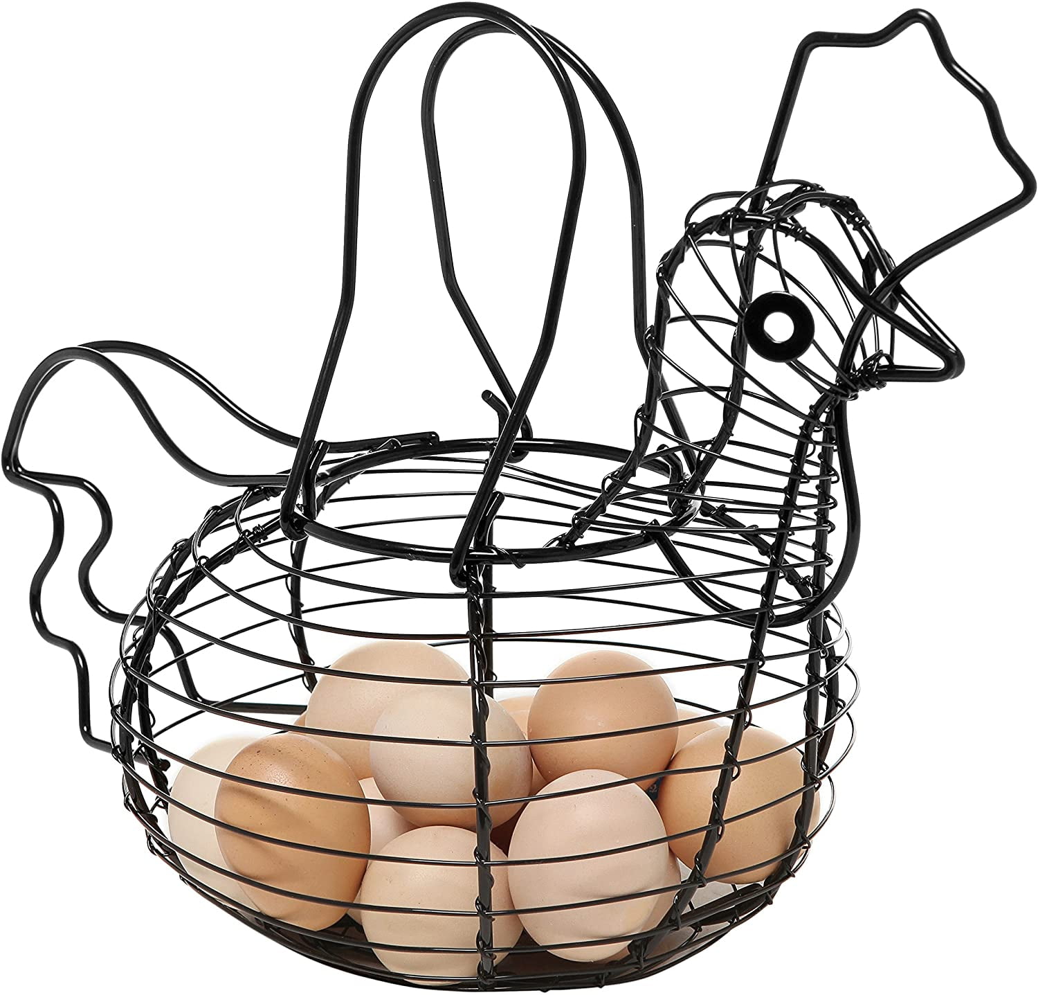 MyGift Black Metal Mesh Wire Egg Storage Basket with White Ceramic Chicken Shaped Top Lid and Handles, Farmhouse Style Large Capacity Gathering