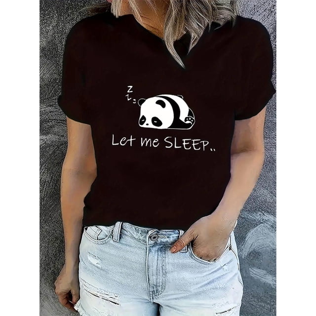 Camisetas para mujer Verano manga corta Tops para DeportesCreative English Sleeping Panda Pattern Printed Women'S Fashionable Round Neck Short Sleeve, Simple Casual Sports T-Shirt, Comfortable Summe