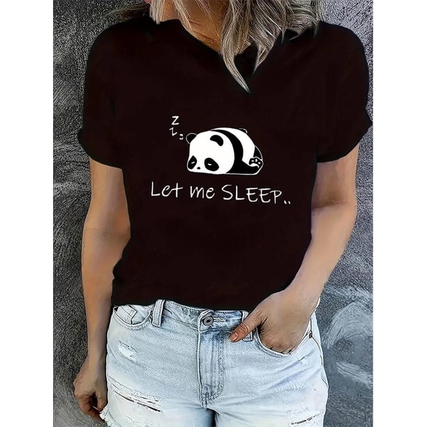 Camisetas para mujer Verano manga corta Tops para DeportesCreative English Sleeping Panda Pattern Printed Women'S Fashionable Round Neck Short Sleeve, Simple Casual Sports T-Shirt, Comfortable Summe