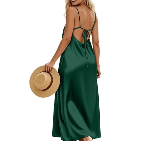 QUNYINEY Summer Dresses for Women Long Green Sleeveless Satin Pajama Dress Casual Lounge Loose Fit Crew Neck Backless Dresses