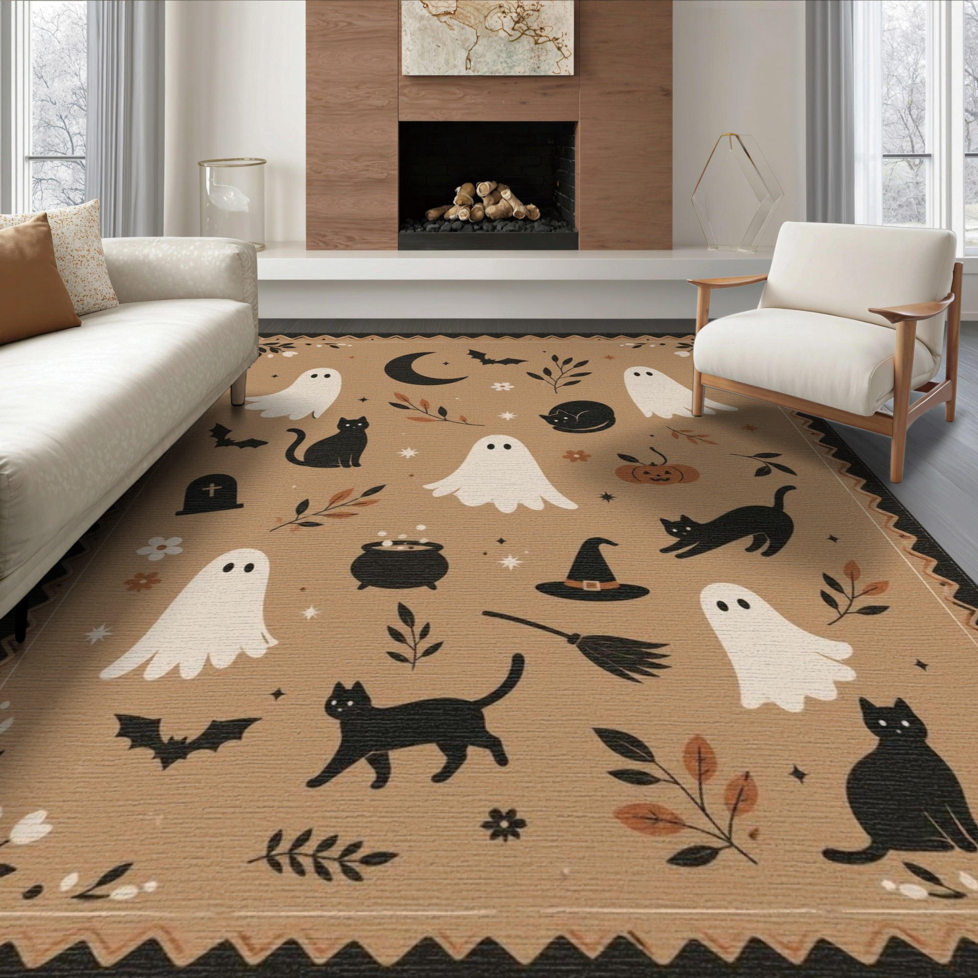 ODIKA 6 x9 Washable Area Rug Non-Slip Chair-Friendly Warm Beige Enchanted Halloween Themed Design Featuring Ghosts Cats and Autumn Motifs for Dining Room Under Table Office D&eacute;cor