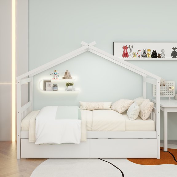 Twin Size Wooden House Bed with Drawers, White