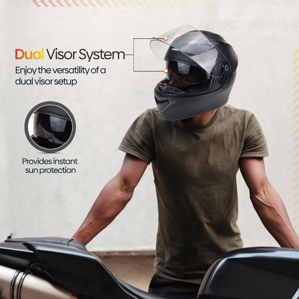 PITMOTO PM-888, Full Face Dual Visor DOT Approved Motorcycle Helmet-Matte Black -X-Large