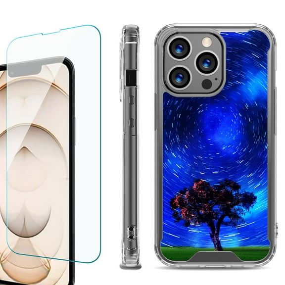 Shockproof Bumper Phone Case for iPhone 13 Pro Max, with Tempered Glass Screen Protector, by OneToughShield ® - Star Trails Tree