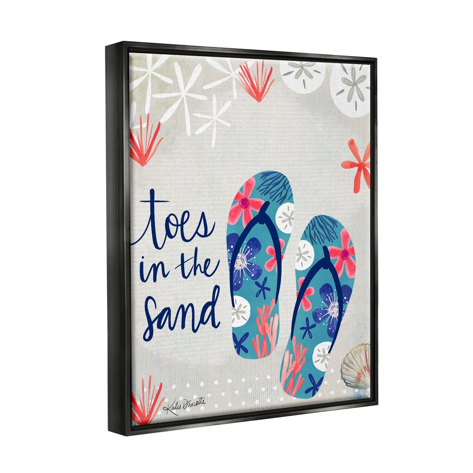 Stupell Industries Toes In Sand Varied Beach Botanical Patterned Flip-Flops Graphic Art Jet Black Floating Framed Canvas Print Wall Art, Design by Katie Doucette
