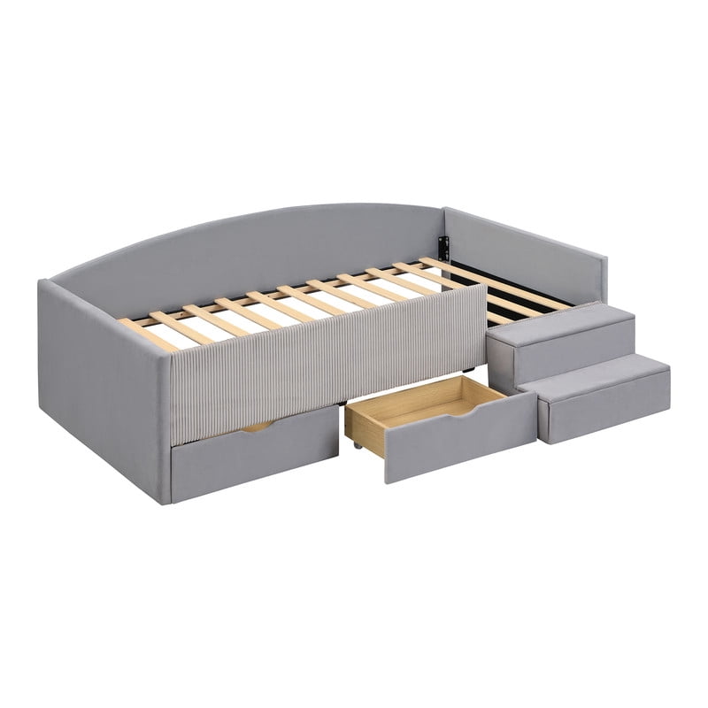 Twin Size Kids Daybed Frame with Small Stair & 2 Storage Drawers, Velvet+Corduroy Dual Upholstered Accent Platform Bed