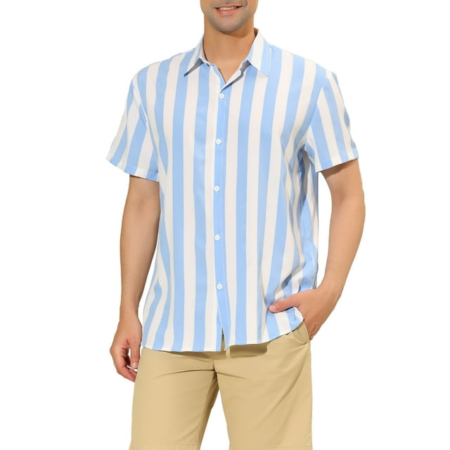 INSPIRE CHIC Mens Stripe Shirt Short Sleeved Color Block Button Down Beach Shirt S Light Blue