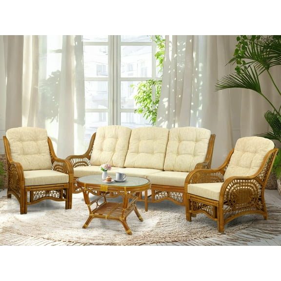 Malibu Set of 2 Natural Rattan Wicker Lounge Chairs, Three-Seater Sofa w/Cream Cushion and Coffee Table w/Glass, Colonial
