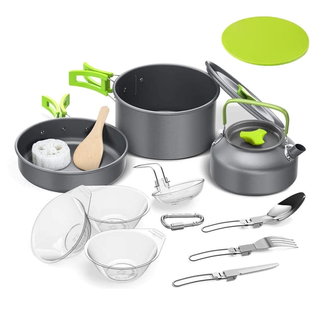 Pot Camping al aire libre aluminio portátil de utensilios de cocina Kettle 2-3 personas Senderismo Equipo anti-Scald Cuchara Freying Pan Green 14 paquetes Scienceny OD003505-03B
