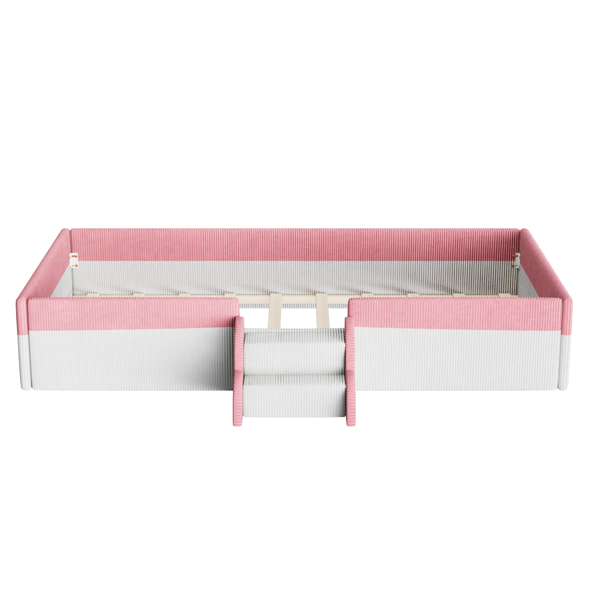 Howcool Twin Size Corduroy Upholstered Floor Bed with Fence and Smart LED Lights,2-Tier Steps Platform Bed Frame,Pink+White
