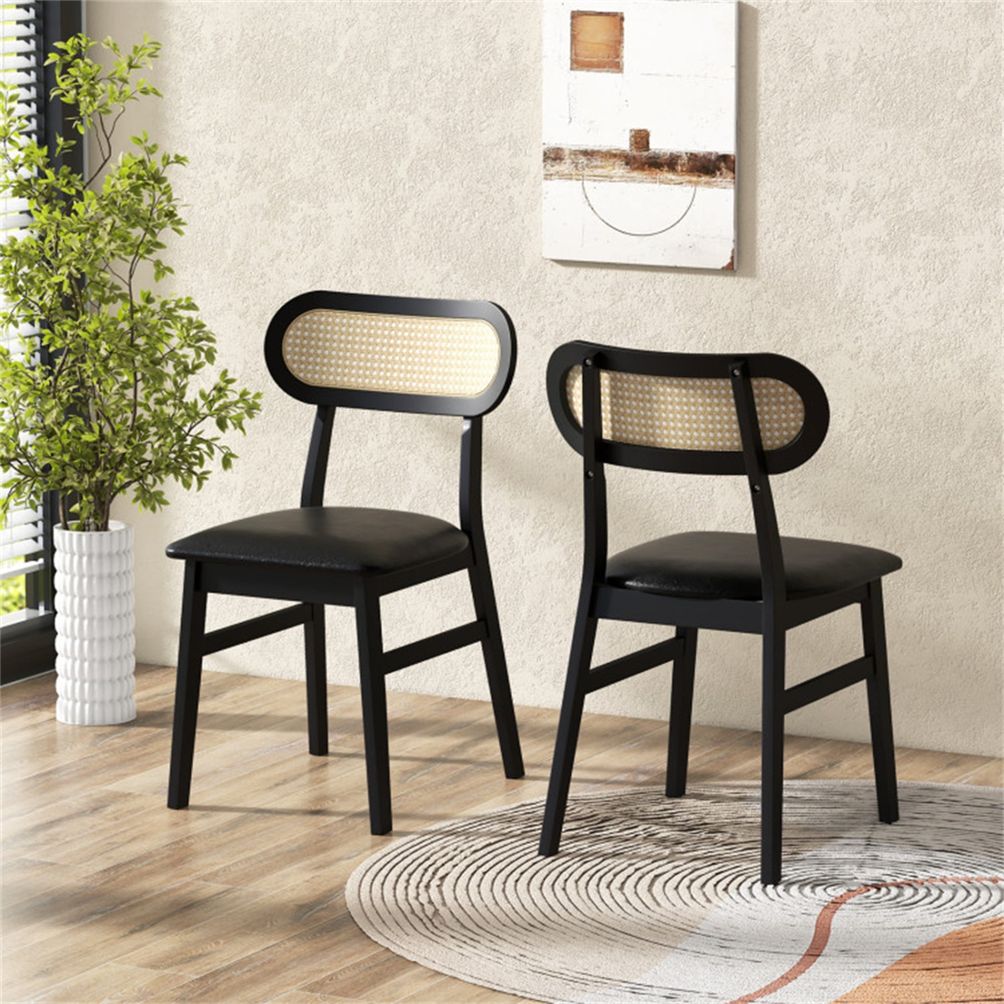 Demi Bonn Set of 2 Indoor Mid Century Wood Dining Chairs with Breathable Mesh Cane Backrest for Dining Room, Black