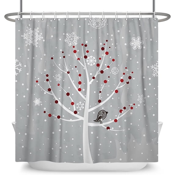 Winter Christmas Tree Shower Curtain Winter Holiday Bathroom Decor Xmas Pine Tree with Snowflakes Shower Curtain on Grey Bathroom Decor Waterproof Polyester Fabric with Hooks 72x72 Inch