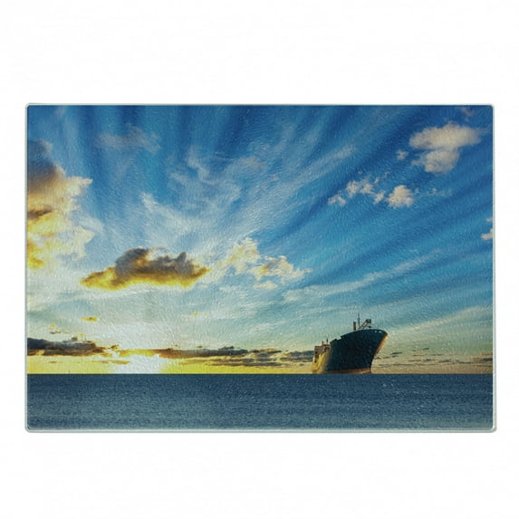 Nautical Cutting Board, Scenic Dreamy Sky View with Big Commercial Ship in the Ocean Leads to the Urban Harbor, Decorative Tempered Glass Cutting and Serving Board, Small Size, Blue, by Ambesonne