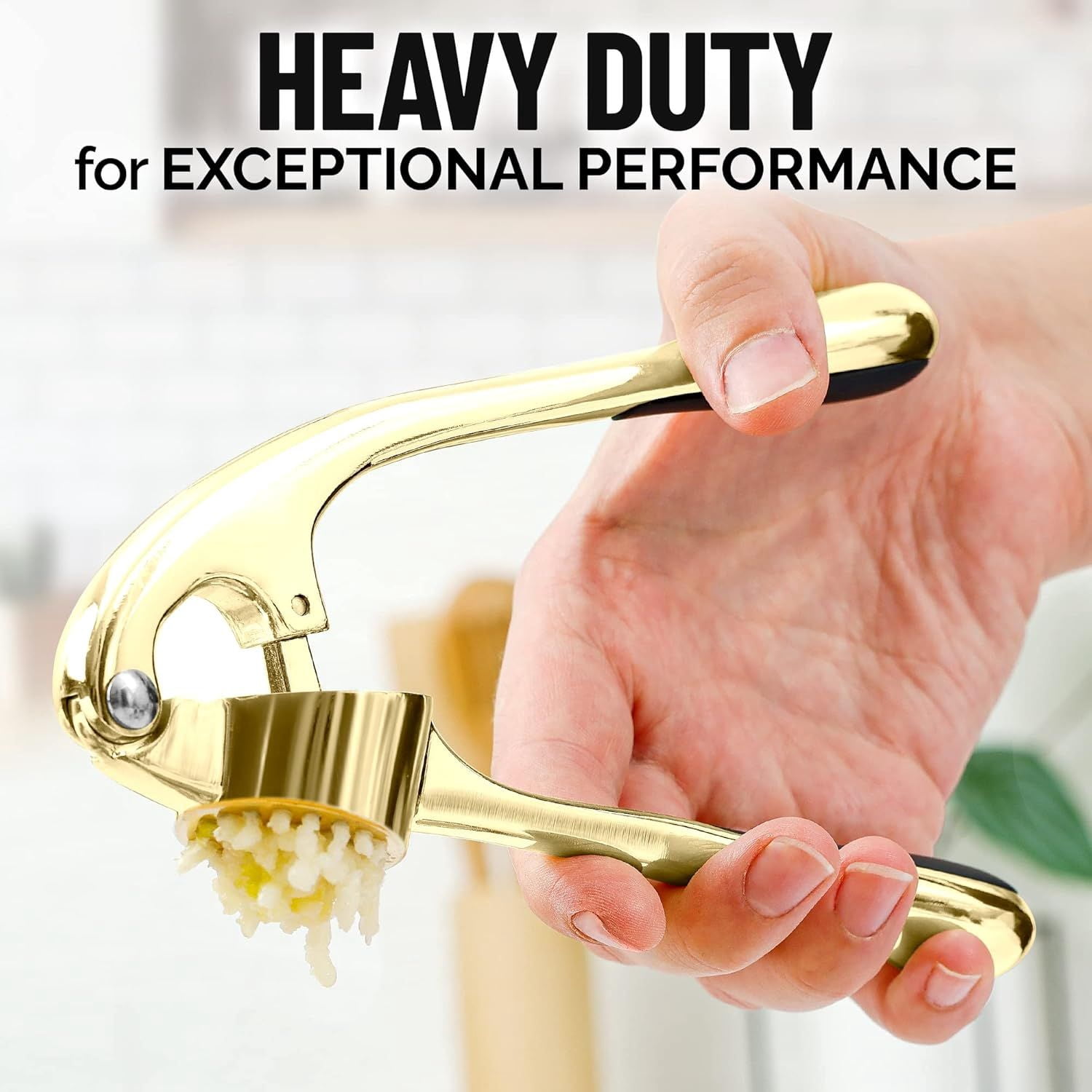 Kitchen Premium Garlic Press with Soft Easy to Squeeze Handle Includes Silicone Garlic Peeler and Cleaning Brush 3 Piece Garlic Mincer Tool Sturdy Easy to Clean Garlic Crusher Gold