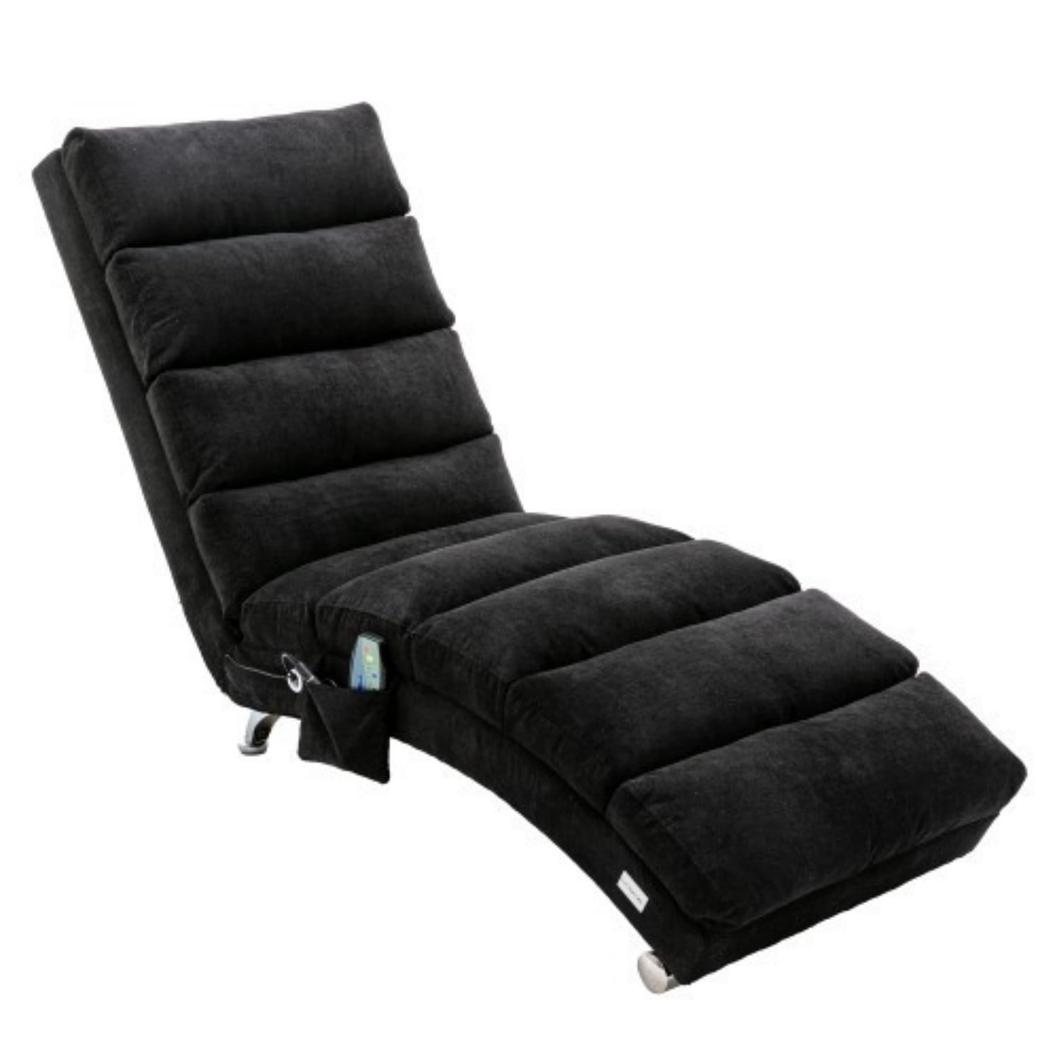 Upholstered Chaise Lounge Chair with Vibration, Modern Fabric Leisure Recliner with Ergonomic Fixed Back, Side Pocket & Lumbar Pillow, 300 lbs Capacity, Black