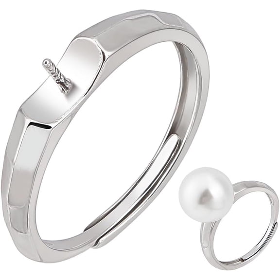 1 Set 925 Sterling Silver Simple Pearl Cup Ring Setting Adjustable Simple Pearl Silver Open Ring Adjustable Pearl Ring Fittings Accessories for DIY Pearl Jewelry Making
