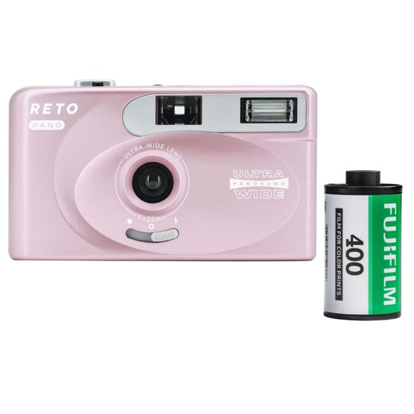 RETO PANO  Reusable Film Camera 35mm  Wide Lens, Panorama, Cinematic Modes, Built-in Flash (Metallic PInk) Plus Fujifilm 400 Film (36 Exposure)