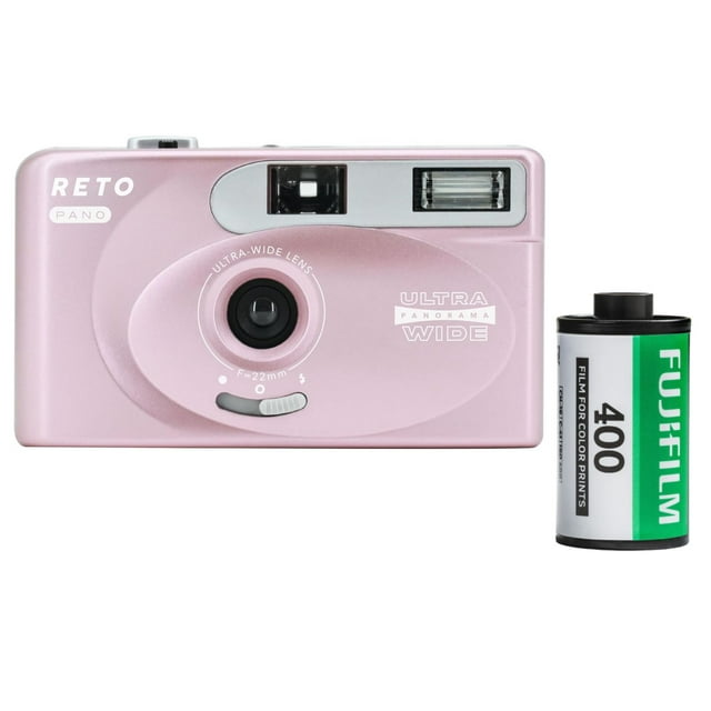 RETO PANO Appareil Photo à Film Réutilisable Objectif Grand 35 mm, Panorama, Modes Cinématiques, Flash Intégré (Rose Métallique) Plus Film Fujifilm 400 (Exposition 36)
