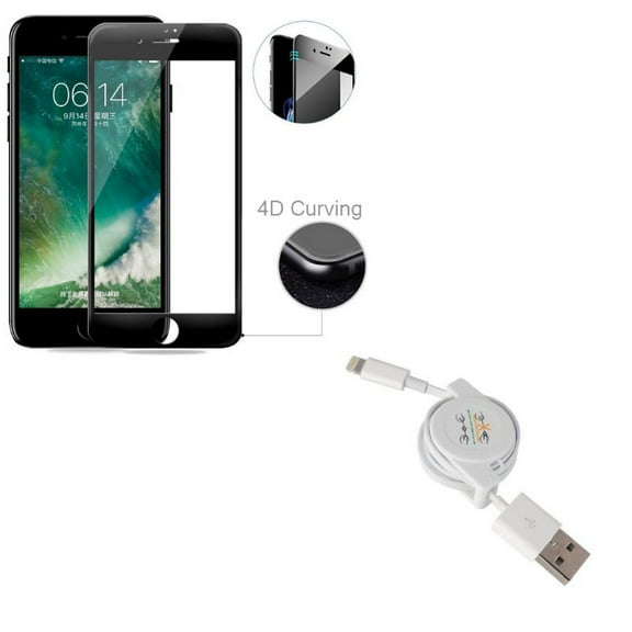 iPhone 8/7/6S/6 - Tempered Glass Screen Protector w Retractable USB Cable - 4D Touch Curved Edge Full Cover Bubble Free Case Friendly, Charger Power Cord Sync Wire for iPhone 8/7/6S/6