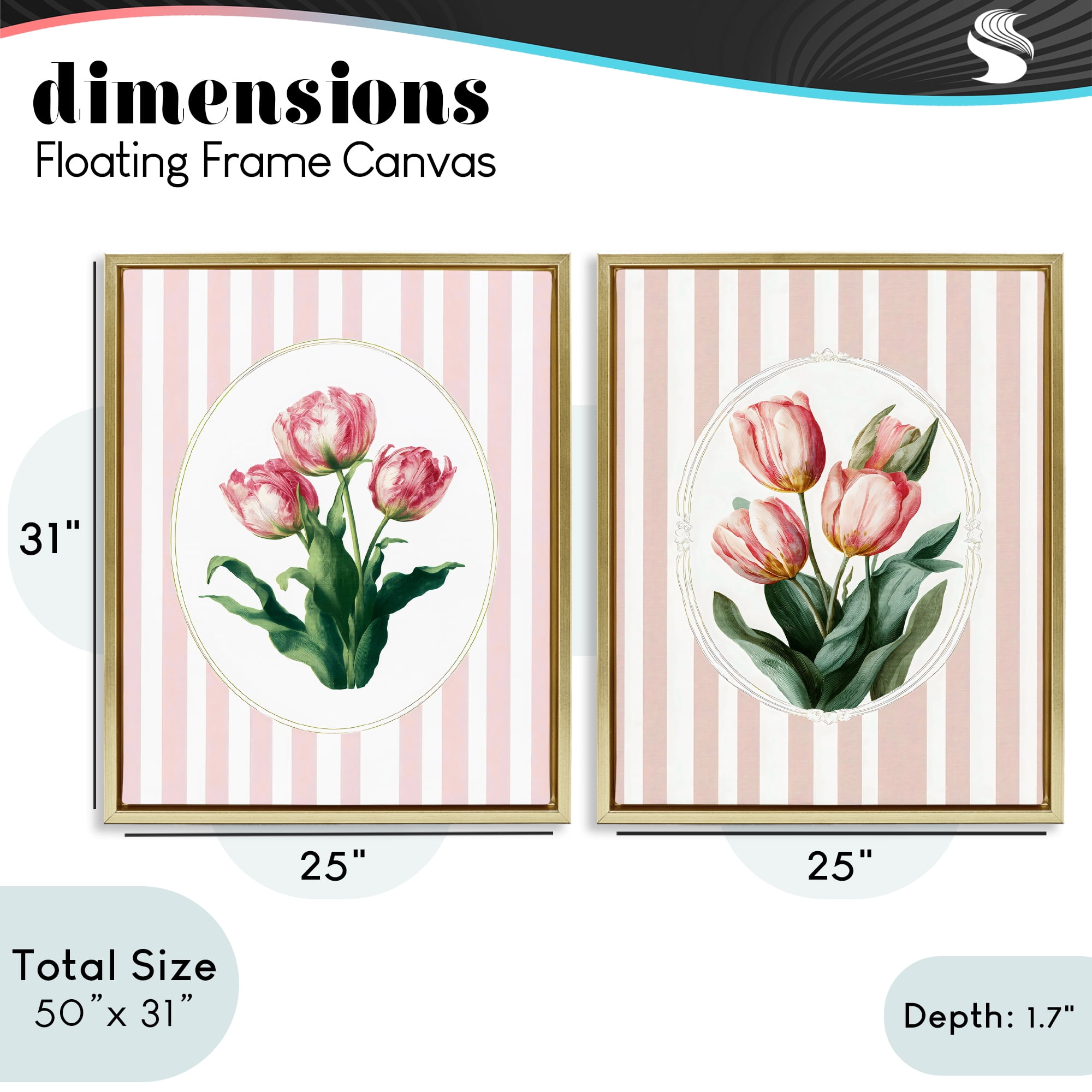 Stupell Industries Blush Tulips on Stripes 2 Piece Gold Framed Floater Canvas Set, design by Ink Drop Loft