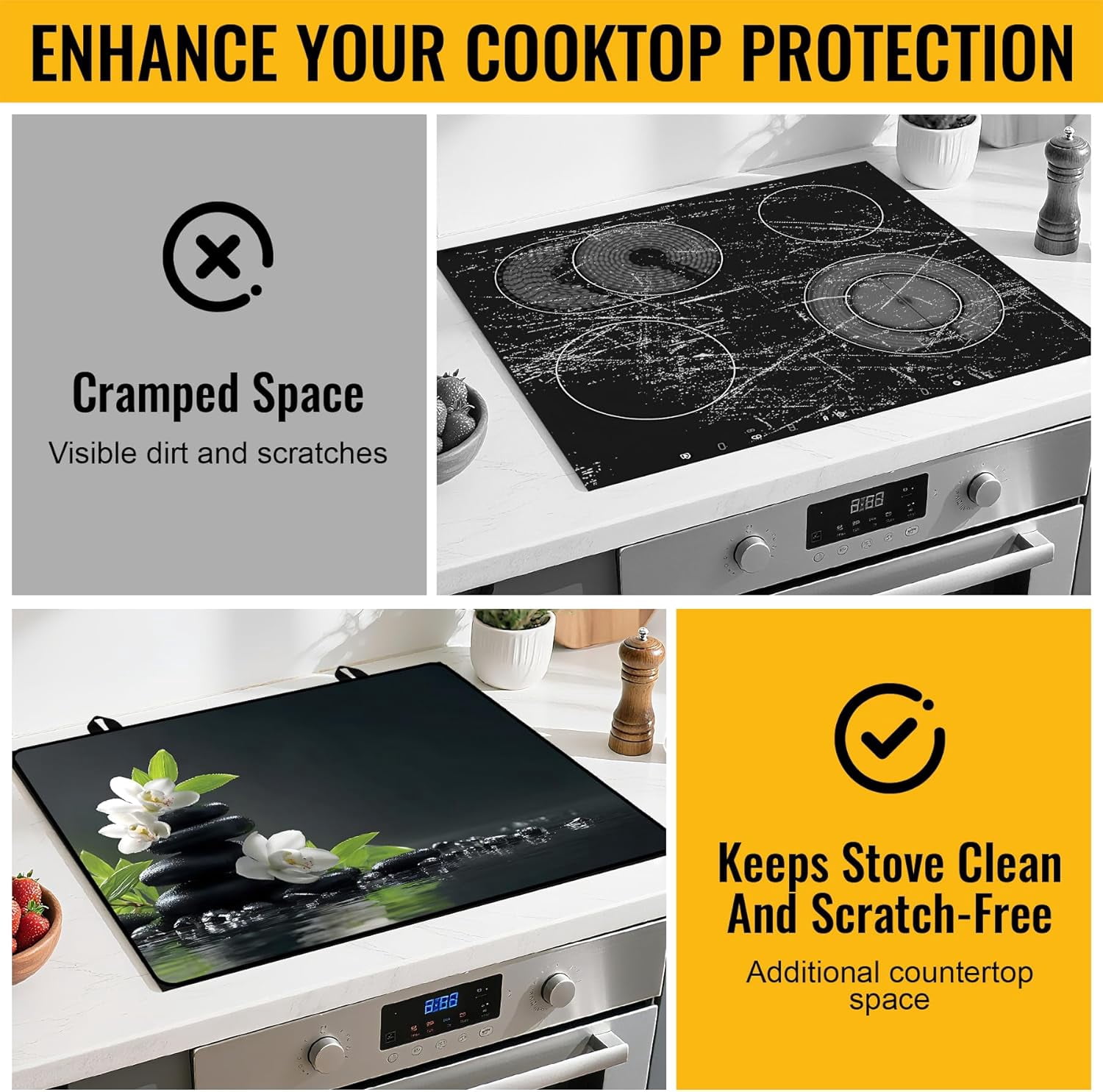 Stove Top Cover for Electric/Glass Stove, Flat Top Cooktop Protector, Electric Cooktop Cover, Extra Counter Space for Kitchen (White Orchid Stacked Stones)