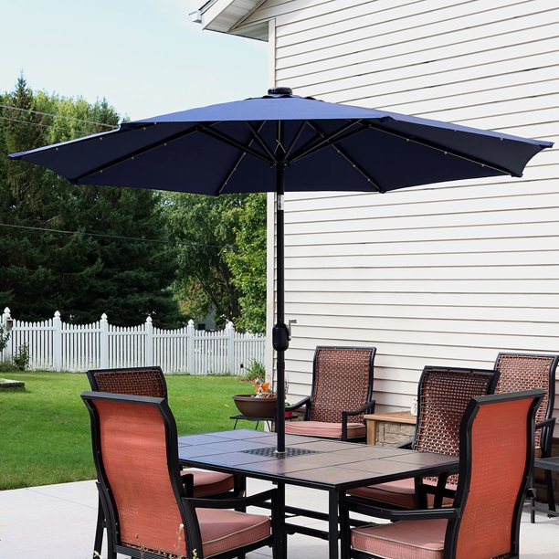 Sunnydaze Solar Outdoor Patio Umbrella With Led Lights Tilt Crank Aluminum 9 Foot Navy Blue Walmart Com Walmart Com