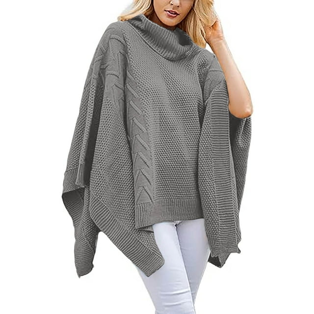 Qetyuw Womens Plus Size Turtleneck Sweater Oversized Batwing Sleeve Asymmetric Knit Poncho Pullover Sweaters