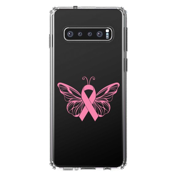 DistinctInk Clear Shockproof Hybrid Case for Samsung Galaxy S10  PLUS (6.4" Screen) - TPU Bumper Acrylic Back Tempered Glass Screen Protector - Pink Ribbon Cancer - Butterfly