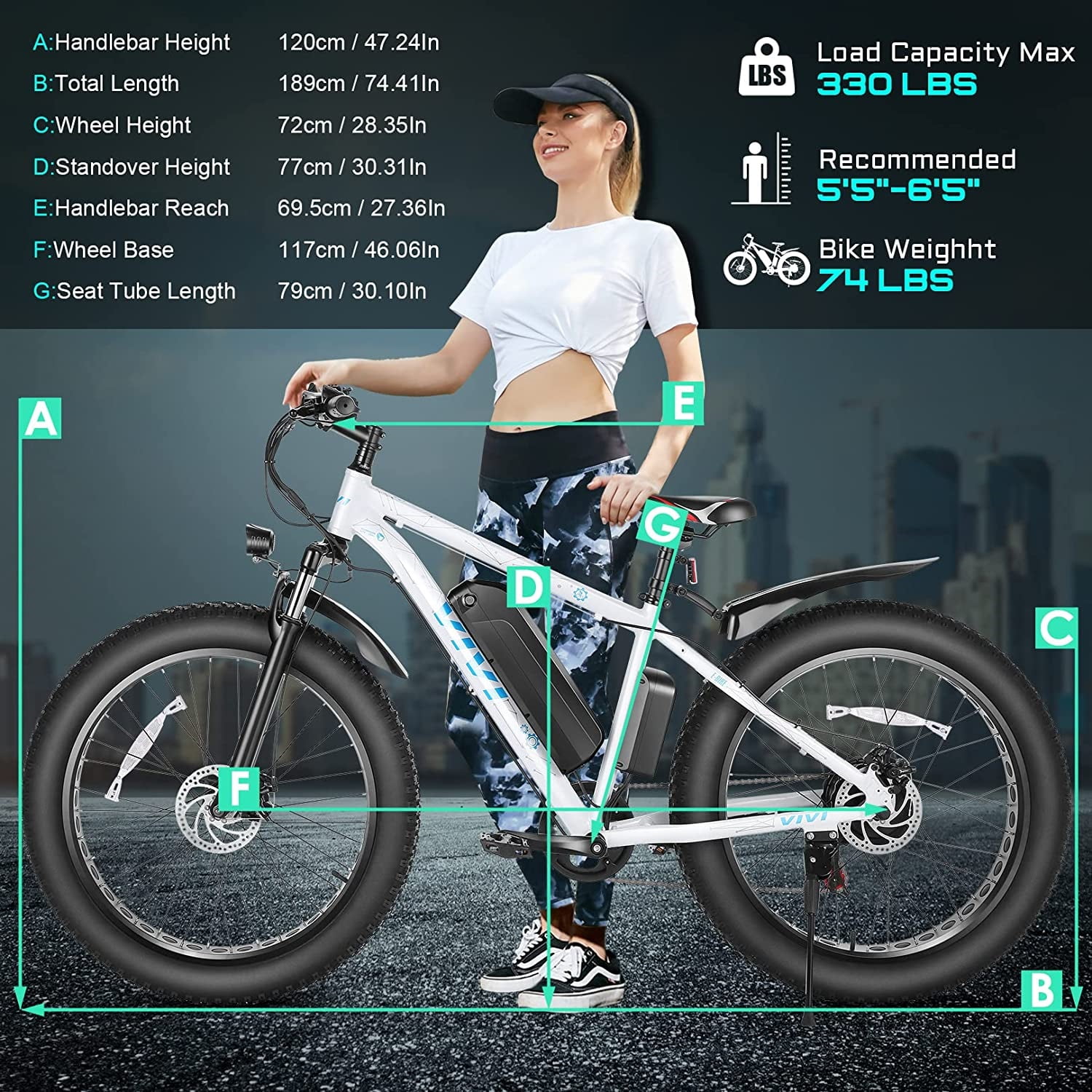 Vivi Electric Bike 26" x 4.0 Fat Tire Electric Bike 500W All Terrain Electric Bike Long Range Electric Mountain Bike with 48V 13Ah Removable Battery, UL2849 Certified