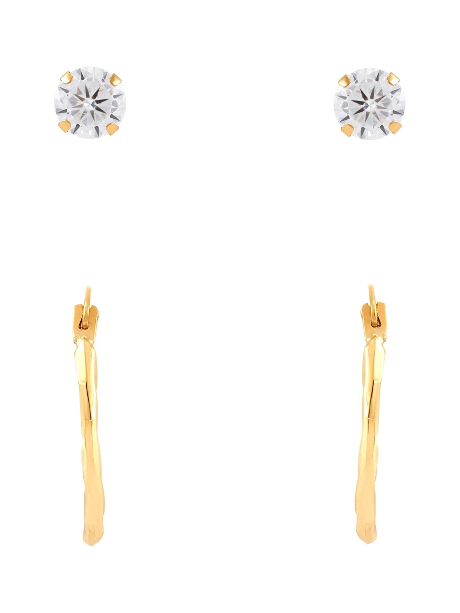 Brilliance Fine Jewelry Cubic Zirconia Studs and Oval Hollow Hoops Set in 10K Yellow Gold