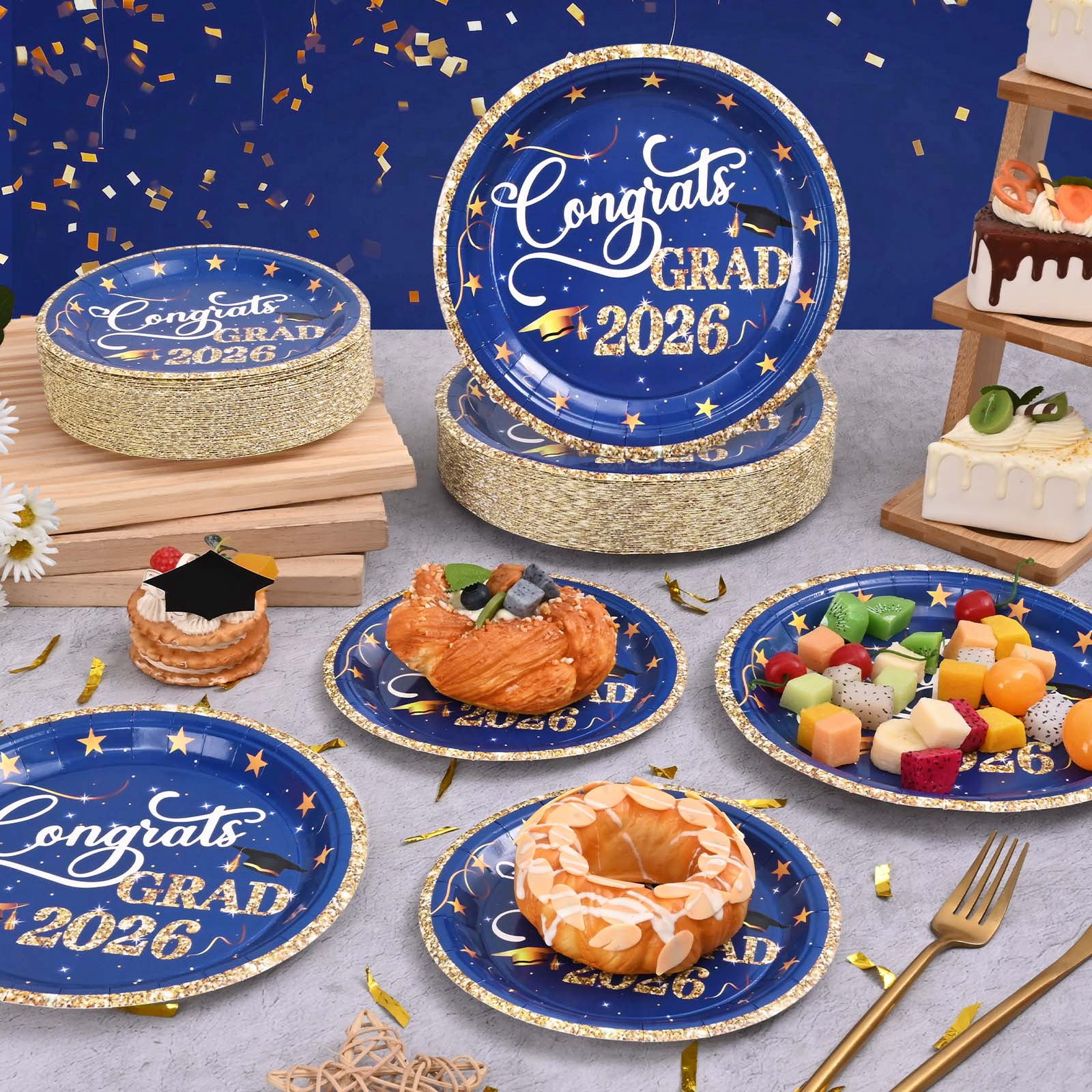 DAZLUTE 100pcs Graduation Paper Plates Decorations Class of 2026 Graduations Disposable Party Supplies(Blue)