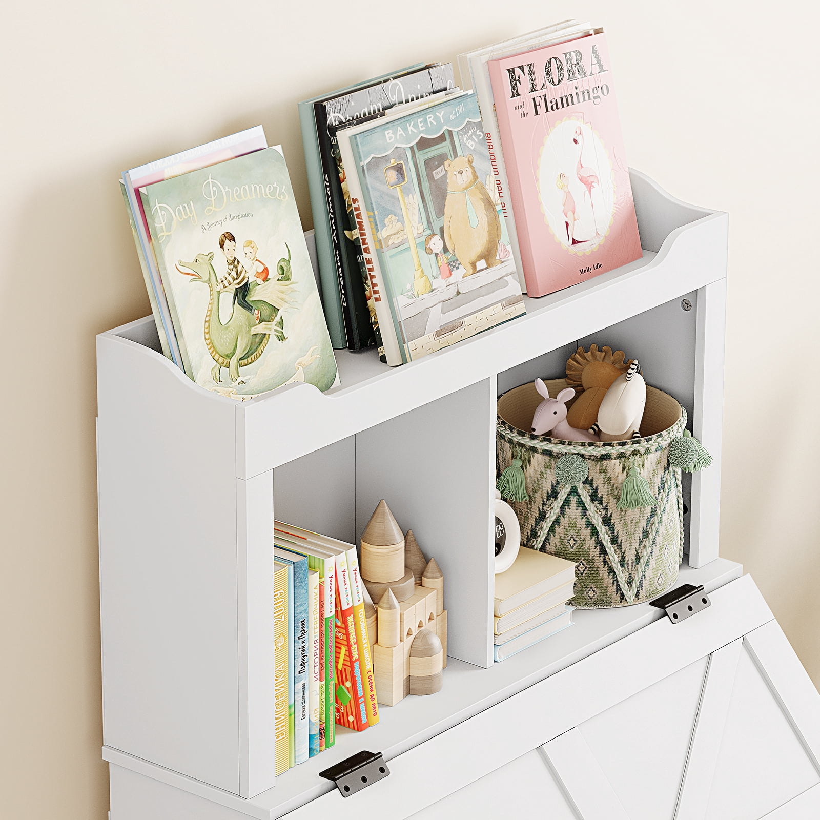 Kids Bookshelf and Toy Storage Organizer, Large Wooden Toy Box Chest with Flip-top Lid and Cubby, 3-Tire Children's Bookcase with Toy Storage Cabinet for Playroom Bedroom Nursery Kindergarten Hallway