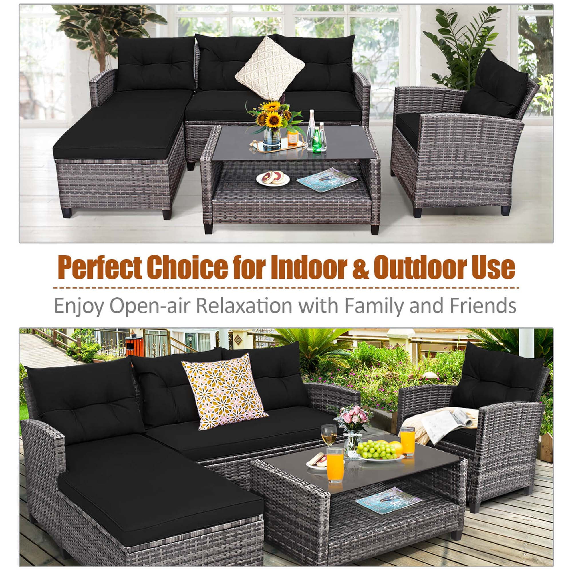 Costway 4 PCS Patio Rattan Furniture Set Sofa Ottoman Cushion Garden Deck Black