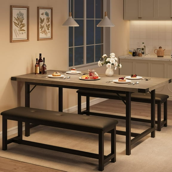 GAOMON 63" Dining Table Set for 4-6, Large Extendable Kitchen Table Set with 2 Upholstered Benches for 6, 3 Piece Rectangle Dining Table Set for 4 for Apartment, Saving Space, Retro Gray