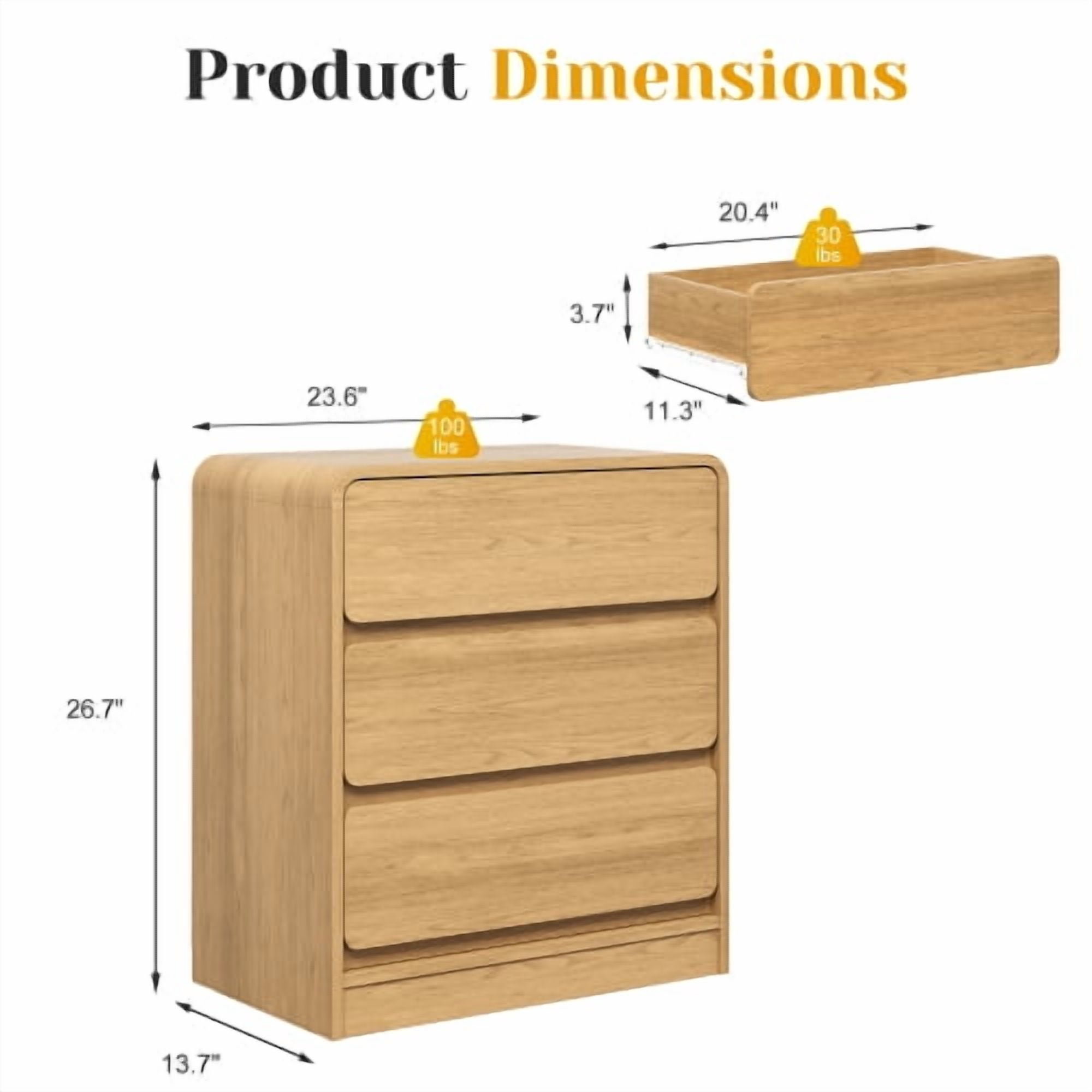Wood 3-Drawer Nightstand Set of 2, Modern Multi-Purpose Side Table with Anti-Tip Kit, Natural