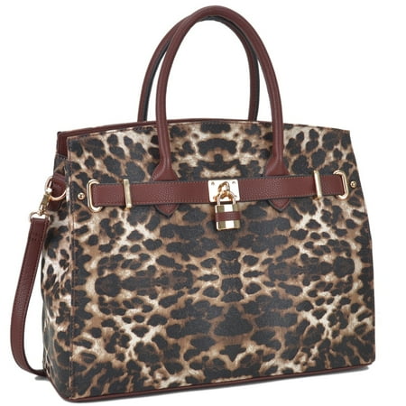 Dasein Faux Leather Leopard Padlock Work Satchel Handbag