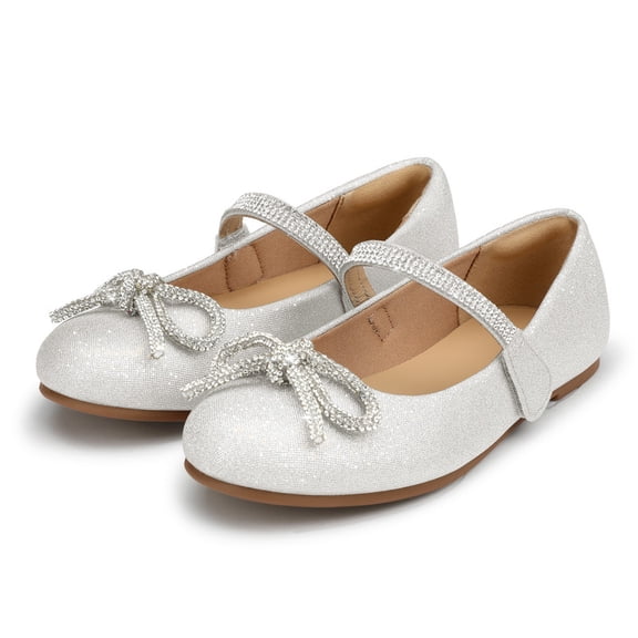 Kushyshoo Silver Girl's Bow Mary Jane Dress Shoes Ballet Princess Flats with Rhinestone Strap 13M