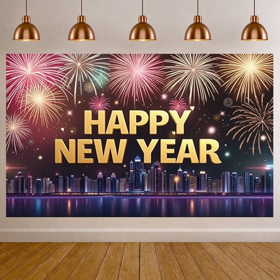 Fireworks Design Happy New Year Banner Golden Letters New Year Display City Skyline Festive Theme Festive Backdrop for New Year Party Indoor Decoration Photo Backdrop