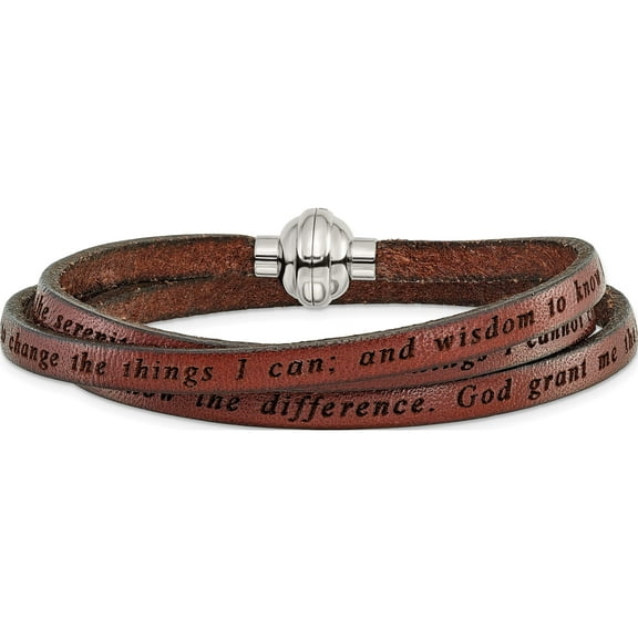 Stainless Steel Serenity Prayer Brown Leather Wrap 21 Inch Bracelet (21 X 5) Made In Italy bf3228-sm