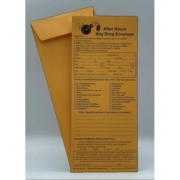 Cashier Depot After Hours/Night Key Drop Envelope, 4 1/8" x 9 1/2