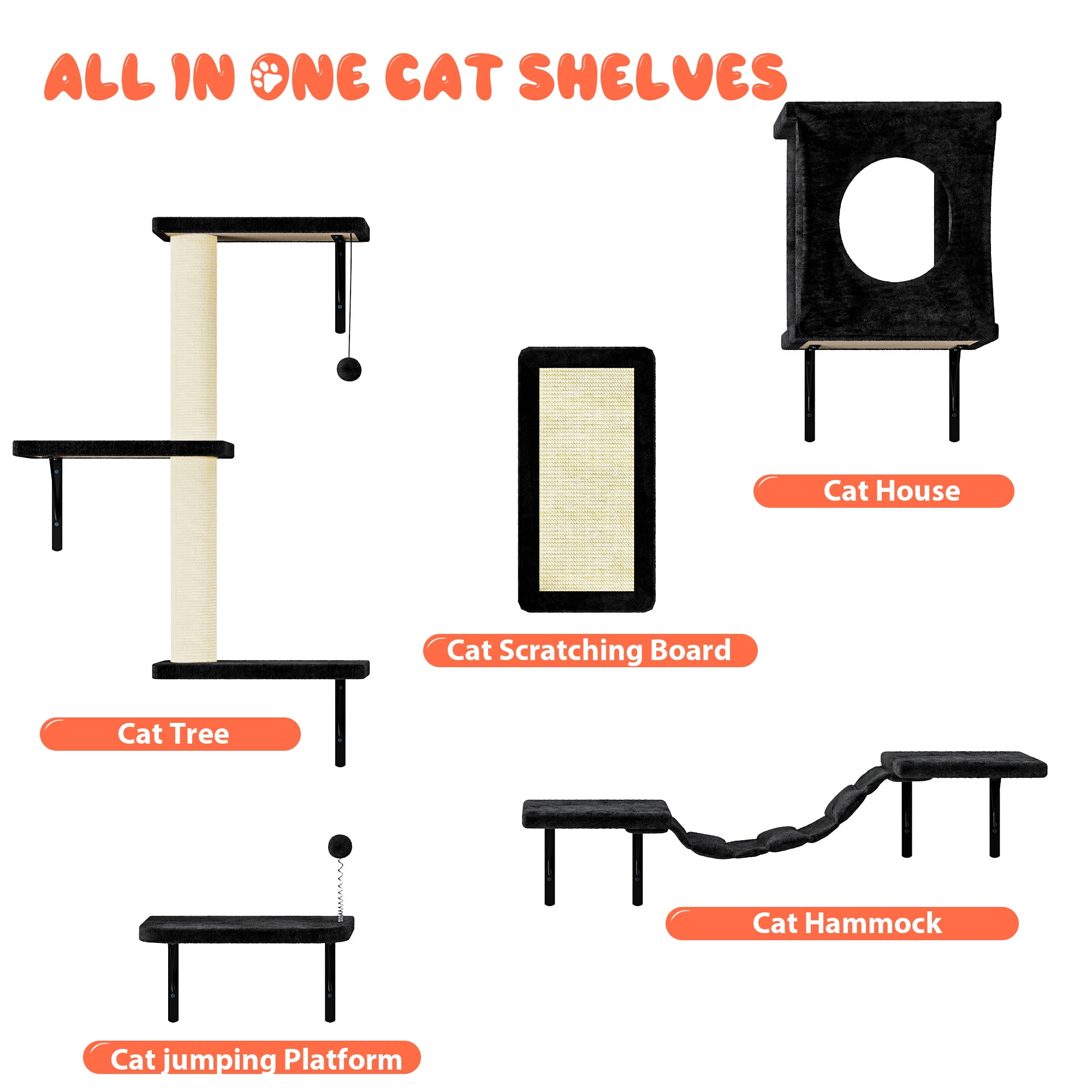LHBCraft 5Pc Cat Wall Shelves Set, Black Wall-Mounted Cat Climber with Bridge & Perch