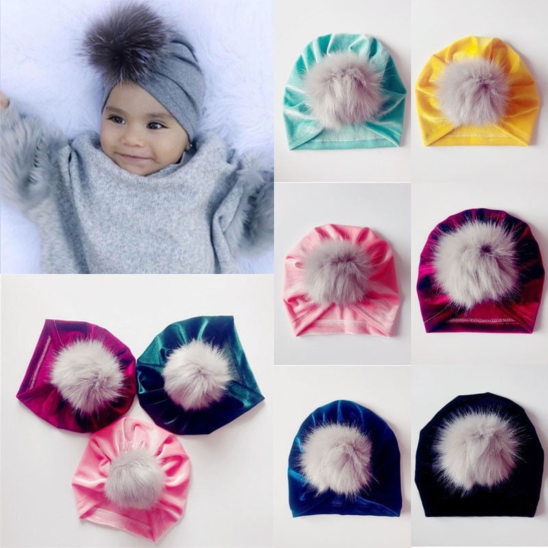 Velvet Baby Toddler Kids Boy Girl Turban Beanie Hat Winter Fur Pom Ball Warm Cap 
