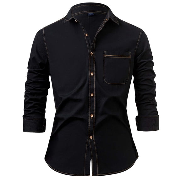 Yteetum Denim Shirts for Men Oversized Long Sleeve Turndown Collar Button Down Shirt Tops Men's Fall Casual Solid Lapel Loose Comfy T Shirts